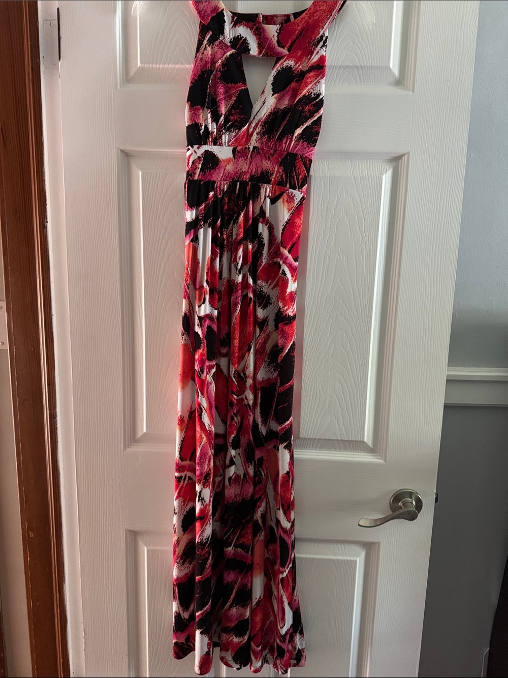 Sleeveless Maxi Dress in Red, Pink & Black Abstract Print